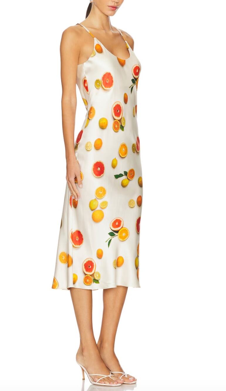 Lunya Midi Washable Silk Bias Slip Dress in Ivory Orange Main Squeeze Medium M